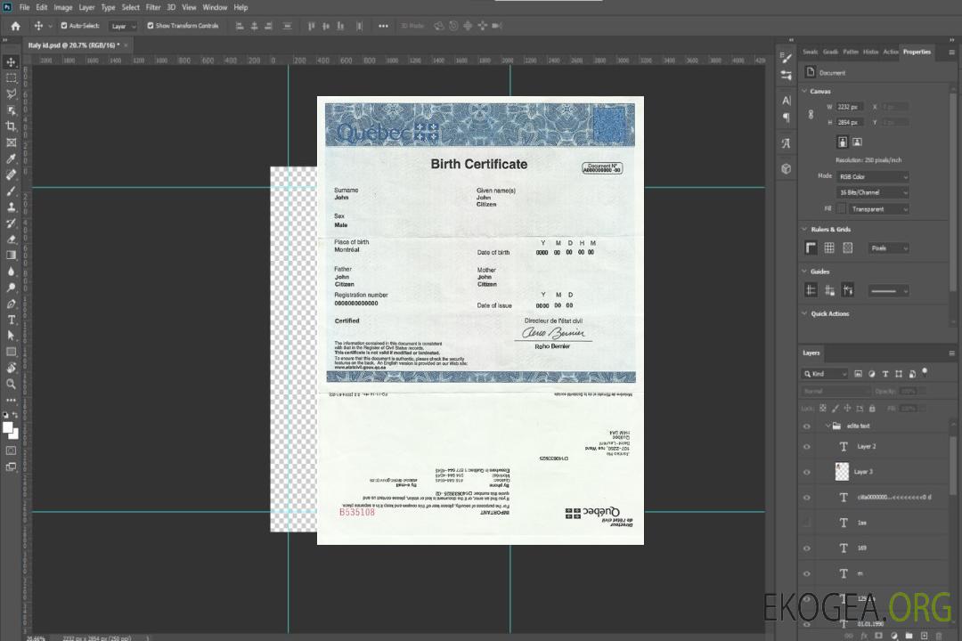 Modèle de certificat de naissance Canada Québec en PSD template Modèle de certificat de naissance Canada Québec en PSD template